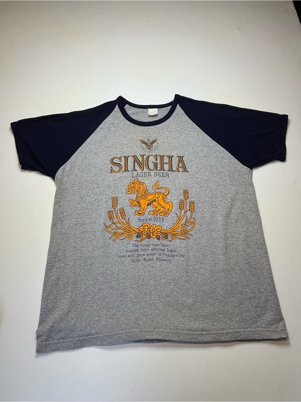 Vintage Singha Lager Beer Raglan T-Shirt Gray Blue Men's XL 24x30